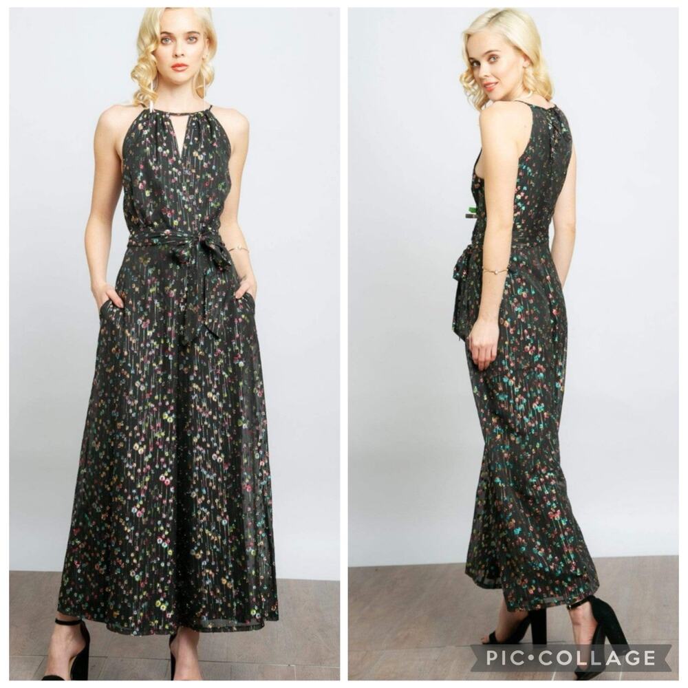 Eva Franco Edita Halter Metallic Clip Dot Jumpsuit Size 2 Wide Leg Halter Pocket